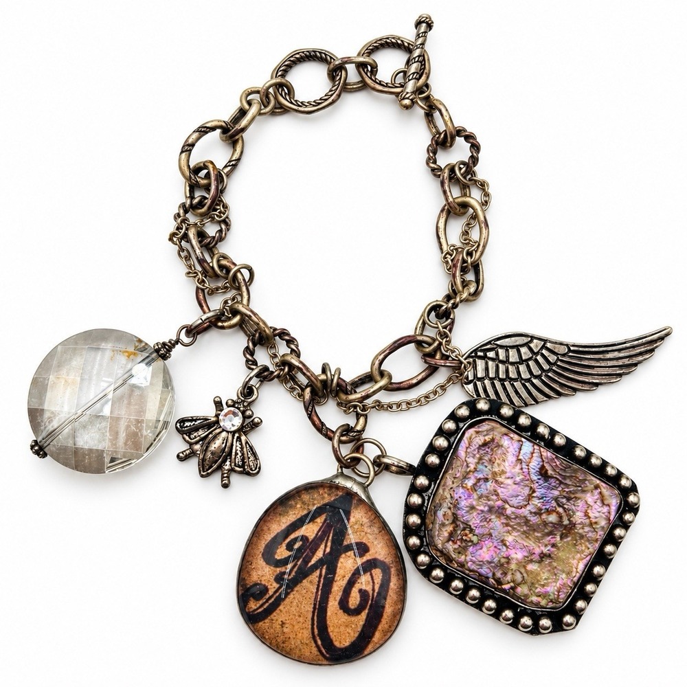 Chunky Mixed Metal Charm Bracelet Abalone Shell Initial M Bee Wing Toggle